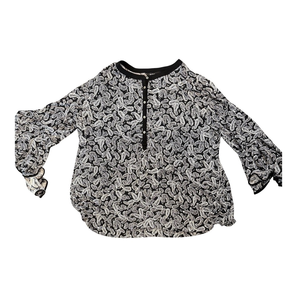 Slim Factor by Investments Woman Black White Paisley Henley Bell Sleeve Top 3X